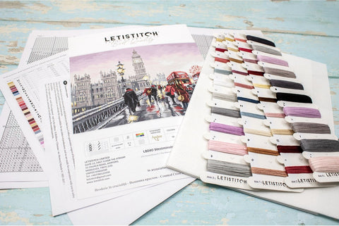 Kryželių siuvinėjimo rinkinys Letistitch Westminster su daugiaspalvėmis siūlų kortelėmis, schema ir Aida drobe