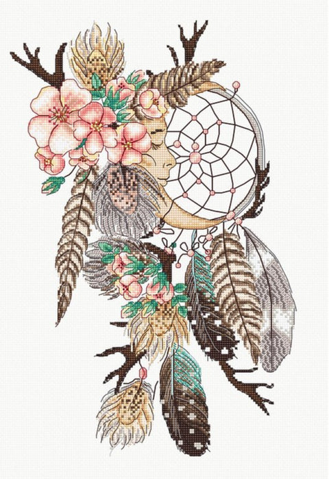 Siuvinėjimo rinkinys: sapnų gaudyklė su rožiniais žiedais, mėnulio siluetu ir įvairių raštų plunksnomis