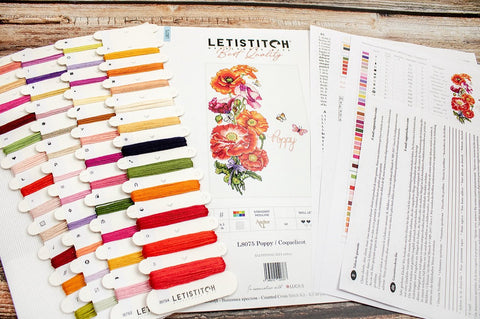 Siuvinėjimo rinkinys Letistitch Poppy su aguonų raštu, spalvotomis siūlų kortelėmis ir išsamiais instrukcijų lapais