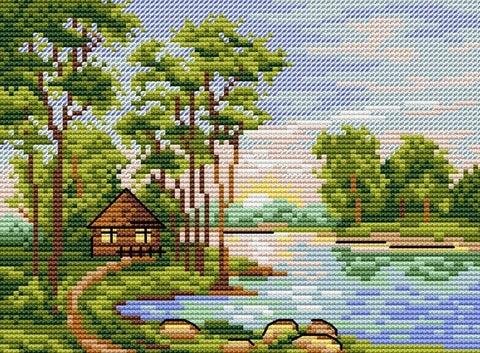 Siuvinėjimo rinkinys: užbaigtas ežero pakrantės peizažas su nameliu ir aukštais pušimis, 30×40 cm