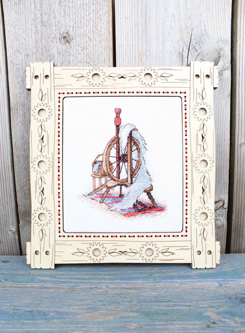 Kryželių siuvinėjimo rinkinys „Verpimo ratelis“ 13×11 cm – pradedantiesiems