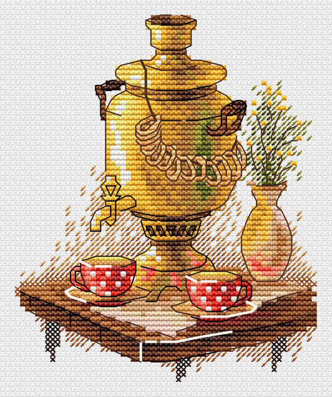 Kryželiu siuvinėjimo rinkinys „Arbatos puota“, 13×11 cm