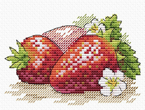 Kryželių siuvinėjimo raštas – ryškūs raudoni braškių motyvai su žaliais lapeliais, skirtas 12×12 cm dekoratyviam rėmeliui