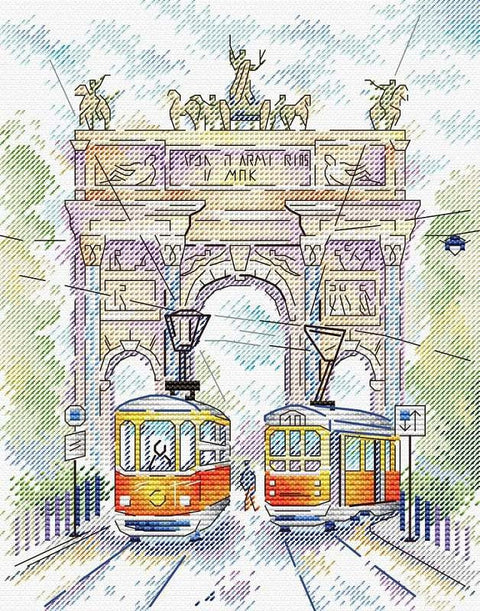 Plakatas: akvarelinis arkos ir dviejų geltonų oranžinių tramvajų motyvas, vertikalus, 30×40 cm
