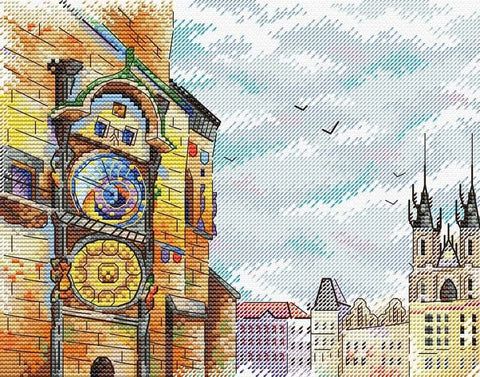 Drobė su spalvingu Prahos astronominio laikrodžio ir gotikinių bokštų motyvu, horizontalus 60×40 cm