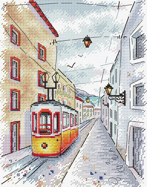 Drobė su geltonai-raudonu tramvajumi stačiakampė 40x60 cm, linijinė miesto iliustracija su matine tekstūra