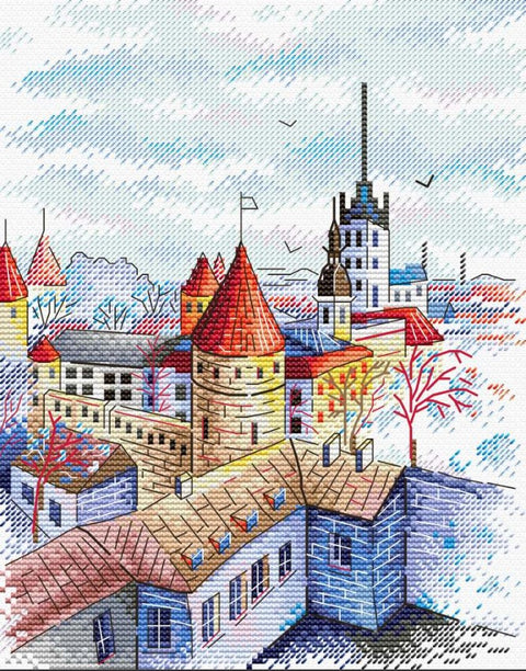 Drobė 50×70 cm — stilizuota miesto panorama su raudonomis stoginėmis, mėlynais potėpiais ir siūliningu raštu