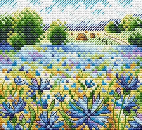 Deimantinis paveikslas laukas su mėlynomis ramunėmis ir ežeru, 30×30 cm rinkinys su palapinėmis ir žolių detalėmis