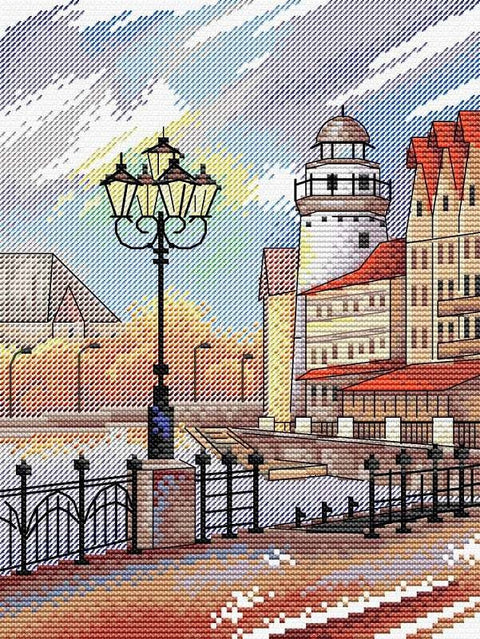 paveikslas uostamiesčio promenada su švyturiu ir gatvės žibintu, raudonų čerpių stogai ir kryželių tekstūra
