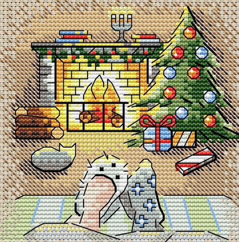 Kryželių siuvinėjimo rinkinys – šventinė svetainės scena su židiniu, kalėdine eglute ir dovanomis, 30×30 cm