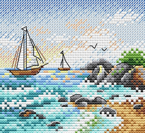 kryželių rinkinys jūros pakrantės motyvas su jachta ir uolomis, ryškus saulėlydis 30×40 cm, parodytas užbaigtas rankų darbo tekstūros pamušale