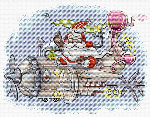 Siuvinėjimo rinkinys su Kalėdų Seneliu skraidančiame lėktuve, ryškios spalvos kryželiu motyvas, 28×38 cm