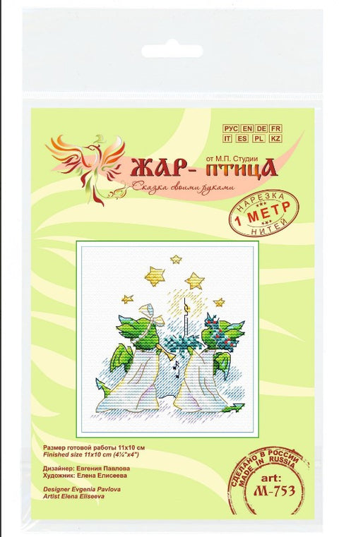 Siuvinėjimo rinkinys Žar-ptica M-753 (11×10 cm) – angeliukų motyvas su žvake ir žvaigždutėmis ant pakuotės, skirtas kryželiams