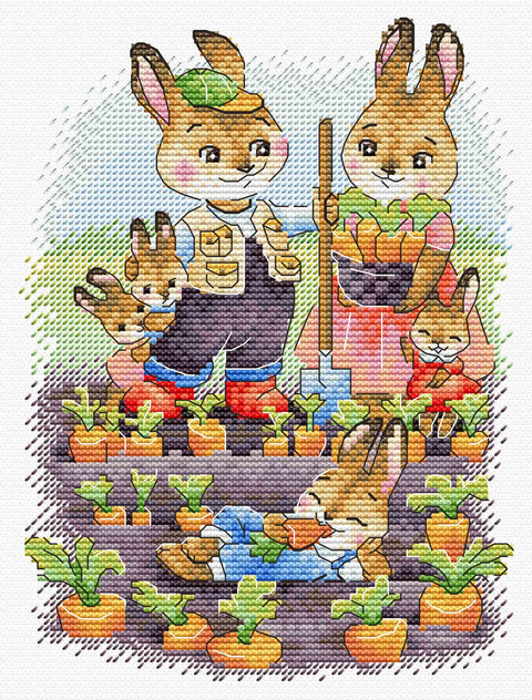 Siuvinėjimo rinkinys triušių šeima sodina morkas, spalvotas kryželių modelis su smulkiais kontūrais, 28×36 cm