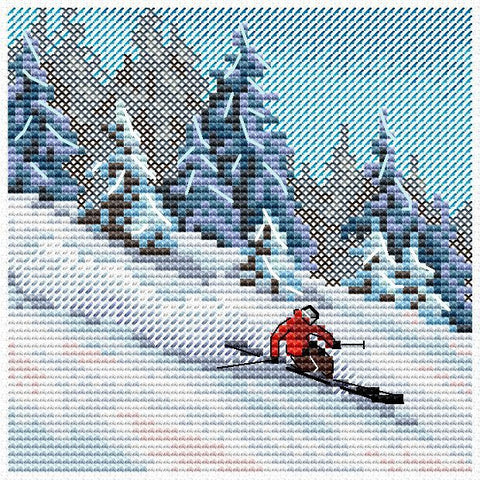 kryželių rinkinys su slidininko motyvu, raudona figūra nusileidžia per sniegą prie eglių fono, kvadratinis 30×30 cm