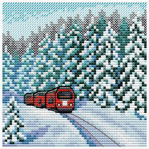 Kryželių rinkinys: raudonas traukinys prieš snieguotą pušyną, priekinis kampas, 30×30 cm dizaino variantas
