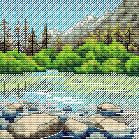 Deimantinė tapyba kalnų ežeras su žaliais krūmais ir mėlynais vandenimis, kvadratinių deimantų variantas, 40×30 cm