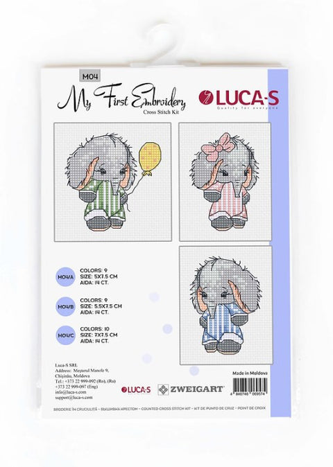 Kryželių rinkinys LUCA‑S su trimis mažais drambliukų motyvais (žalia, rožinė, mėlyna), Aida 14, pakuotės priekinis variantas
