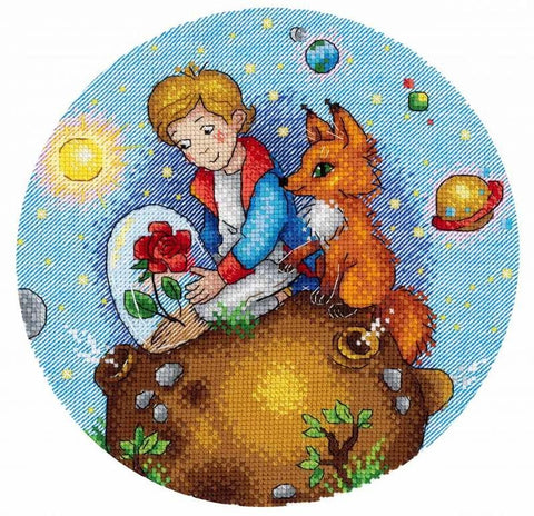 Siuvinėjimo rinkinys apvalus: berniukas ir lapė ant mažos planetos su raudona rože ir mėlynu žvaigždėtu fonu