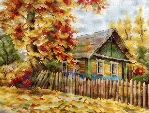 kryželių rinkinys su kaimišku žaliu nameliu ir sodriomis rudens geltonomis bei raudonomis lapų spalvomis, dekoratyvus motyvas