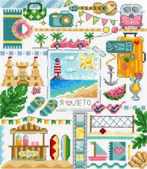 kryželių rinkinys vasaros koliažas su švyturiu, geltonu lagaminu, rožinėmis saulės akinių detalėmis ir paplūdimio motyvais, 30×30 cm