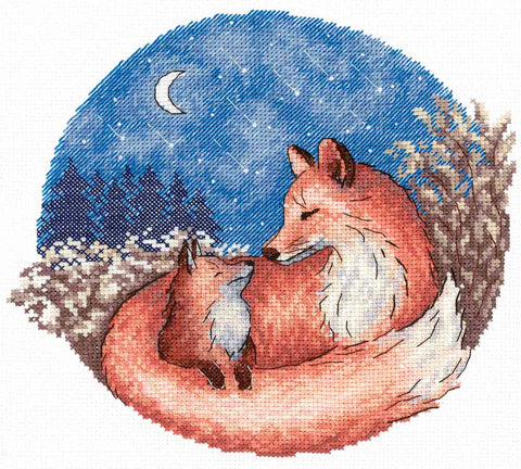 Kryželių rinkinys su naktiniu mėlynu fonu, rudos lapės ir jauniklio motyvas, baigtas 30×30 cm