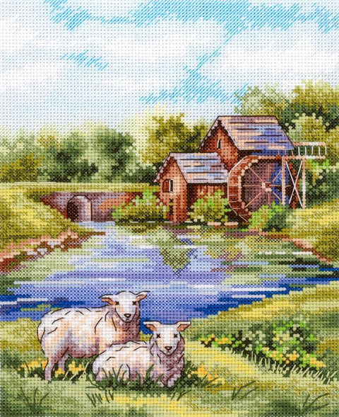 Siuvinėjimo rinkinys su kryželiu — kaimiškas malūnas prie upės ir dvi avys, pilnas baigtas dizainas, 40×50 cm
