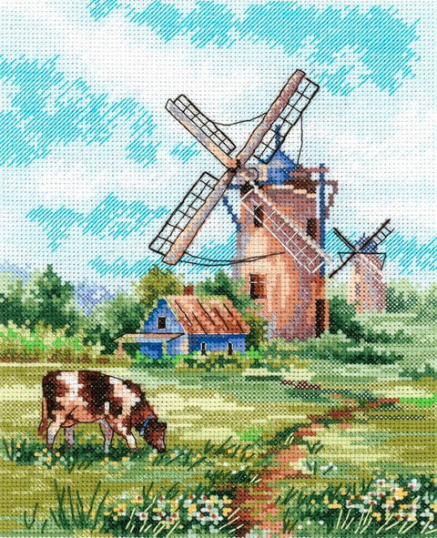Kryželių rinkinys su malūnais ir karve, 30×40 cm, ryškios žaliai‑mėlynos spalvų paletės, detalus kaimiškas motyvas