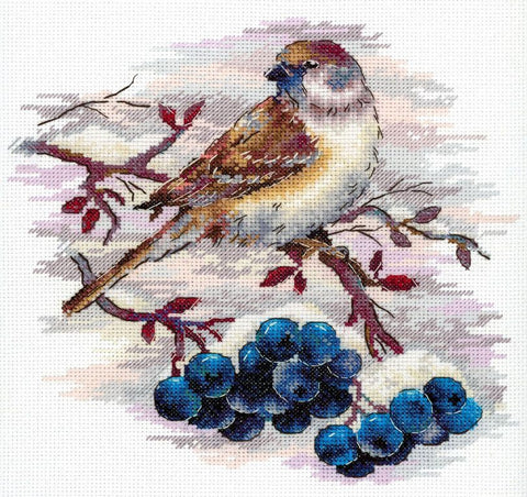 Siuvinėjimo rinkinys: smulkus kryželių modelis — varnėnas ant šakos su mėlynomis uogomis, 25×25 cm