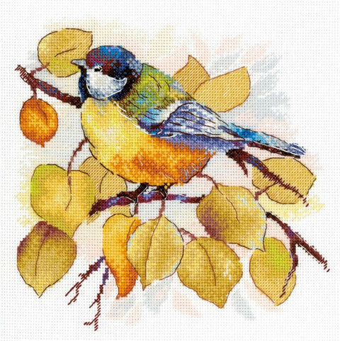 Siuvinėjimo rinkinys geltonai mėlynas paukštis ant šakos su rudeniniais lapais, 30×30 cm motyvas