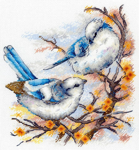 Siuvinėjimo rinkinys su mėlynomis baltomis zylėmis ant rudų žiedinių šakų, 30×30 cm, detalus kryželių raštas