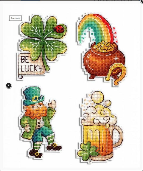 Siuvinėjimo rinkinys: keturi airiški motyvai — dobilas, aukso katilas su vaivorykšte, leprekonas ir bokalas alaus