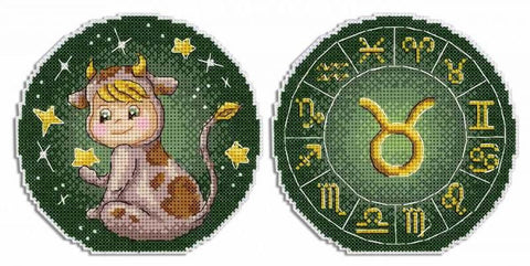 Kryželių rinkinys Jautis — žalias apvalus dizainas su mielu karvės personažu ir auksiniu zodiako ženklo diskeliu