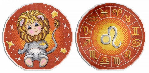 kryželių rinkinys su liūto zodiako figūra ir zodiako ratu, apvalūs oranžiniai motyvai, skirtas dekorui ar dovana
