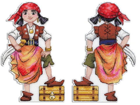 Kryželių rinkinys: spalvota piratų mergaitė, parodyta iš priekio ir nugaros, su raudonu galvos apdengalu ir oranžine suknėle