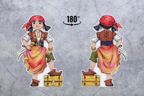 Kryželiu siuvinėtas piratės lipdukas su raudona galvajuoste ir spalvota suknele, parodyta priekinė ir galinė pusė (180°)