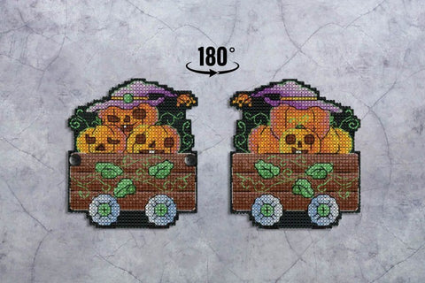 Kryželių rinkinys: Halloween moliūgų vežimėlis su dviem pusėmis, parodytas 180° pasukimas ir medinės dėžės detalės