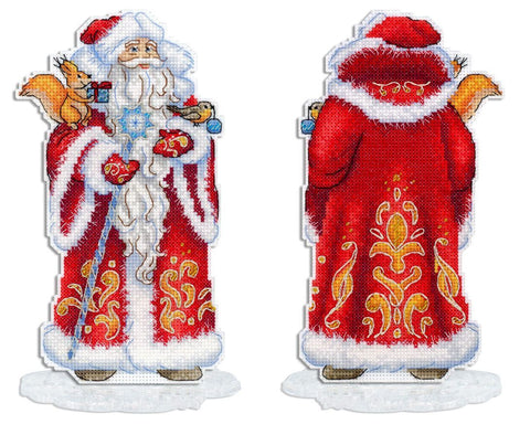 Kalėdų senelis, raudonas siuvinėtas stovas su baltu kailiu ir auksiniais ornamentais, stovintis ant skaidraus pjedestalo, matomas priekis ir nugara