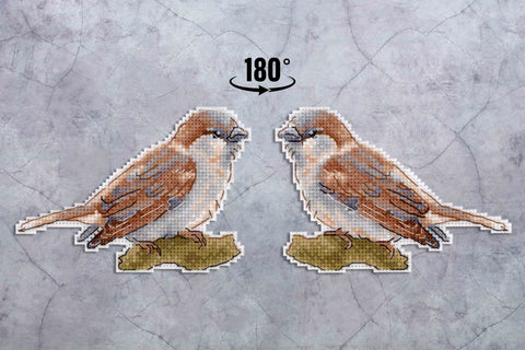 Kryželių rinkinys su rudais žvirbliais, išpjauta kontūrine forma, parodytas simetriškai 180° atspindyje, skirtas variantų palyginimui