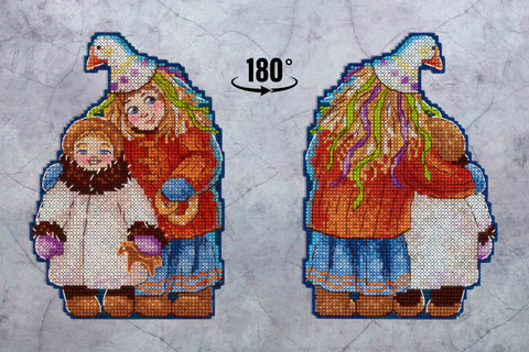 Kryželių siuvinėjimo rinkinys su žiemiškais vaikų motyvais, parodytas priekinis variantas ir 180° apvertimas