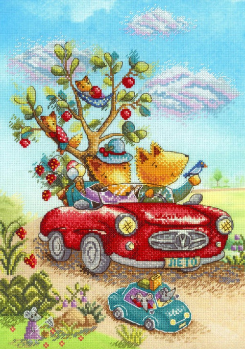 Siuvinėjimo rinkinys su spalvotu kačių ir raudono retro automobilio motyvu ant 40×50 cm drobės, rodoma užbaigta kompozicija