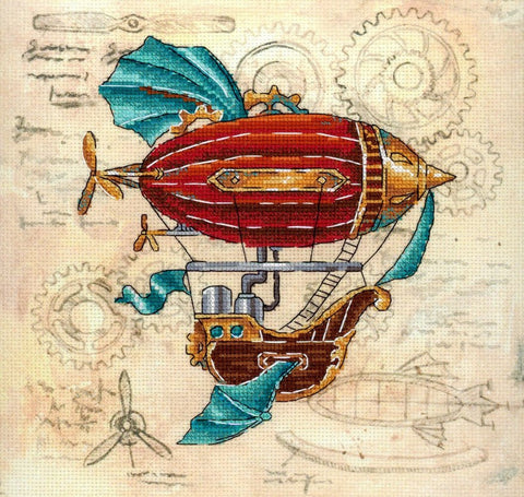 Siuvinėtas oro laivas raudonos ir turkio steampunk spalvų, medinė gondola ir propeleriai ant smėlio fono su pavarų eskizais