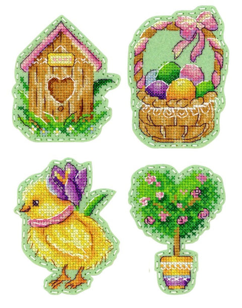 Siuvinėti lipdukai pavasario rinkinys — 4 spalvoti ornamentai: namelis, krepšelis su kiaušiniais, viščiukas ir gėlėta obelis