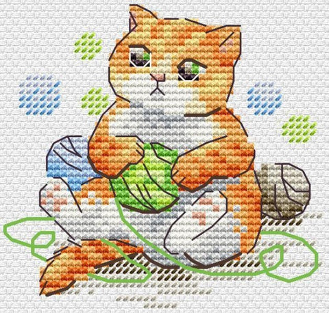 Kryželių rinkinys oranžinis katinas sėdi su žaliu siūlų kamuoliuku, pilnas dizainas ant baltos drobės, 25×25 cm