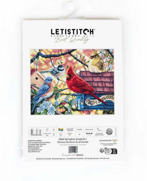 kryželių rinkinys LETISTITCH su ryškiais pavasario paukščiais ant lizdo ir namelio, pakuotės priekinis vaizdas rodantis baigtą dizainą