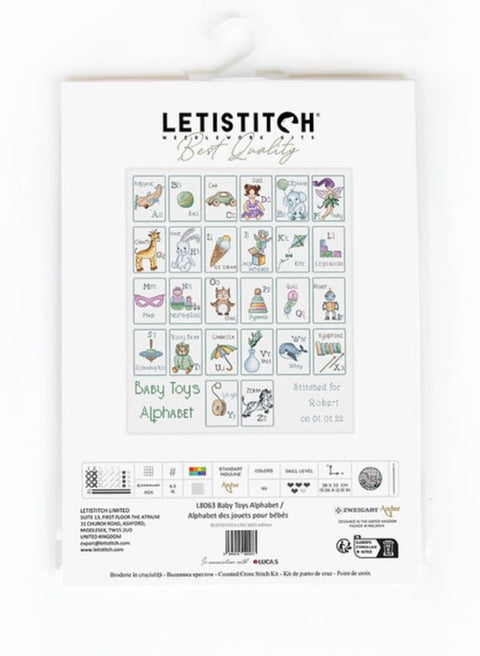 Kryželių rinkinys Baby Toys Alphabet (Letistitch) baltame pakuotės nugarėlyje su spalvotomis schemomis ir žymomis
