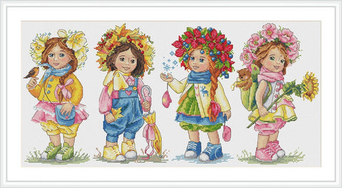 Siuvinėjimo rinkinys: keturios mergaitės – pavasaris, vasara, ruduo, žiema, ryškios spalvos, horizontali kompozicija, 50×30 cm