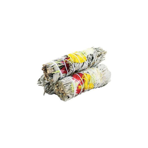 Baltasis šalavijas, 2 kuokšteliai su raudonomis ir geltonomis gėlėmis, 10–12 cm, skirtas energetiniam valymui ir ritualams