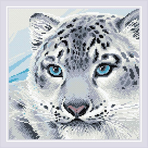 Deimantinė mozaika sniego leopardo veidui su ryškiomis mėlynomis akimis, kvadratinė, artimas frontalus planas
