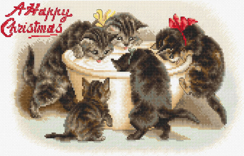 Kryželių rinkinys su penkiais dryžuotais kačiukais prie kibiro, smėlio–rudos spalvos drobė, 30×20 cm, unikalus raudonas užrašas